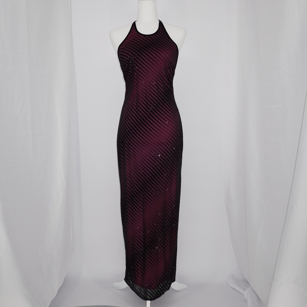 Gunne Sax Jessica McClintock Halter Black Hot Pink Velvet Burnout Dress Y2K Sz 5